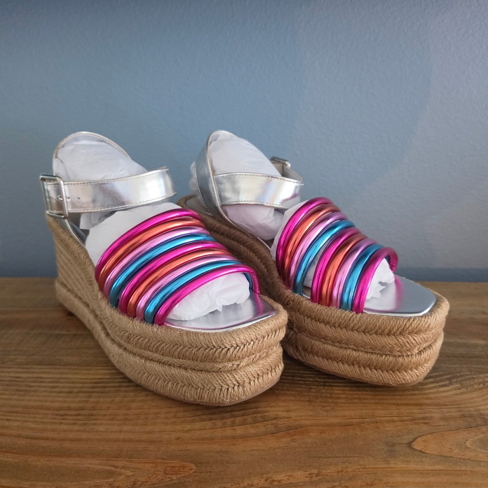 Kenneth Cole Womens Platform Wedge Sandals Silver Multi Metallic Espadrille 5.5M